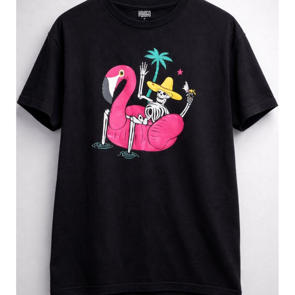 Skeleton Flamingo Pool Party Men's Large Tropical Vacation Funny Graphic Tee